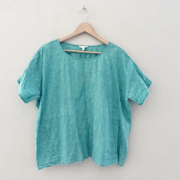 Eileen Fisher Delave Linen Top Large Green Boxy Relaxed Lagenlook Minimalist - Picture 5 of 12